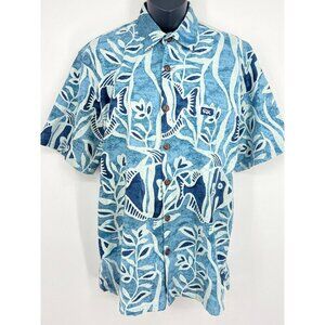Rix Made In Hawaii Blue Fish Print Button-Up Mens Shirt Extra Small Linen EUC